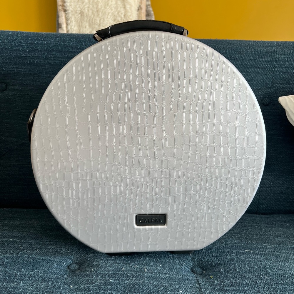 NWT Calpak silver alligator embossed hatbox.
